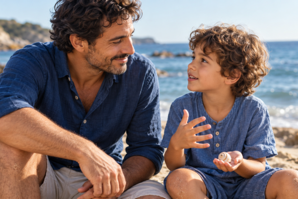 Un adulto escucha a un niño que muestra una concha junto al mar