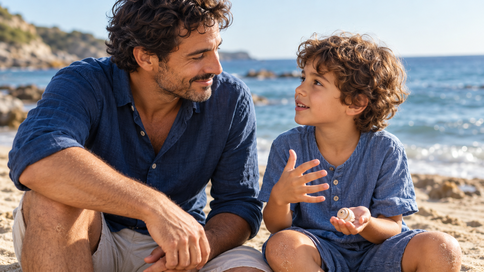 Un adulto escucha a un niño que muestra una concha junto al mar