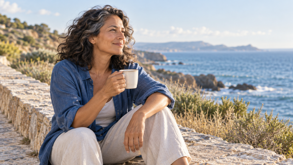 Una mujer con una taza hace una pausa frente al mar