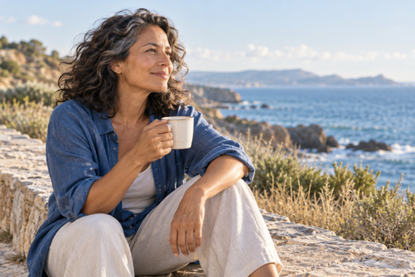 Una mujer con una taza hace una pausa frente al mar