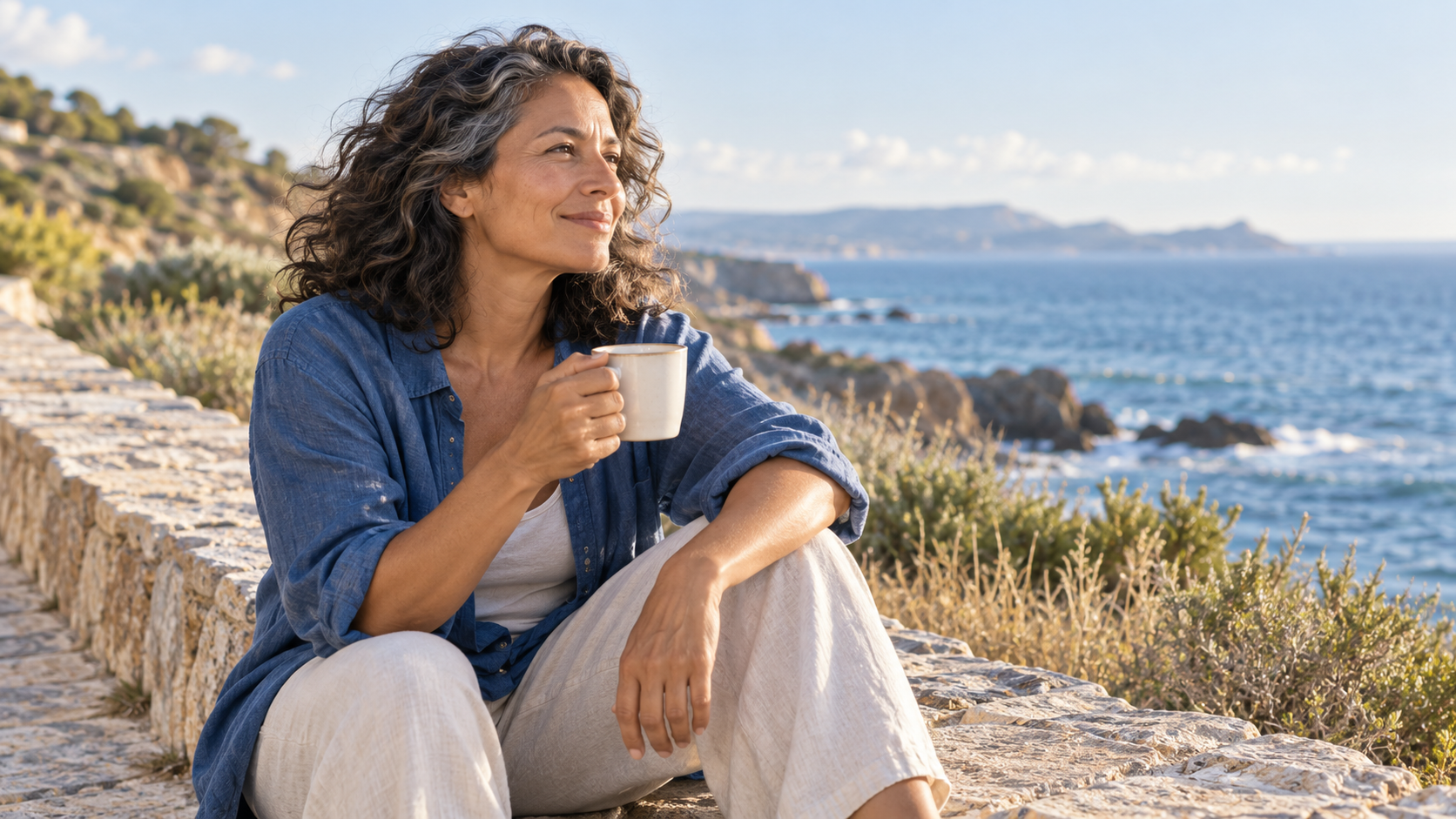 Una mujer con una taza hace una pausa frente al mar