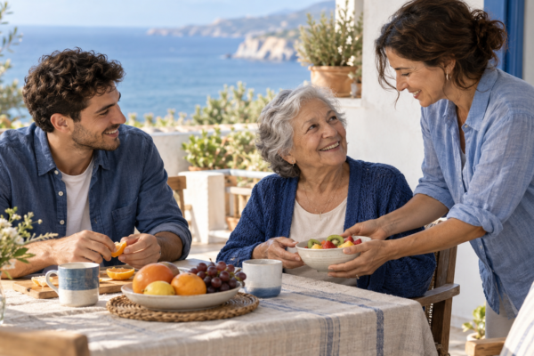 Personas de distintas generaciones comparten fruta alrededor de una mesa
