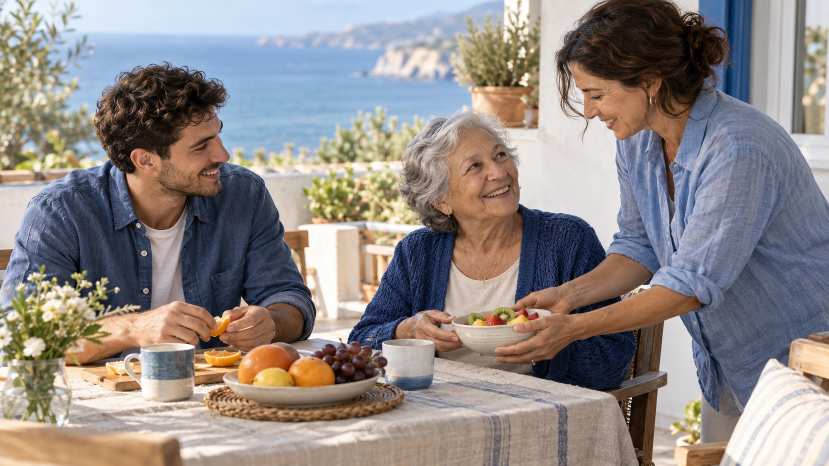 Personas de distintas generaciones comparten fruta alrededor de una mesa