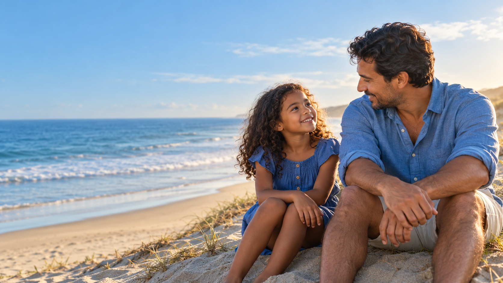 Dos personas sonrientes junto al mar