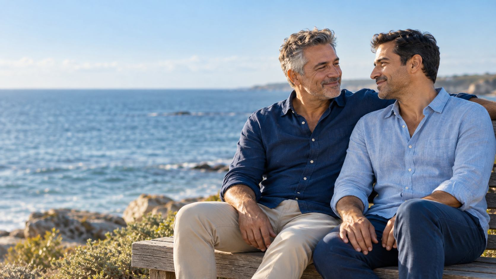 Dos personas adultas sentadas junto al mar