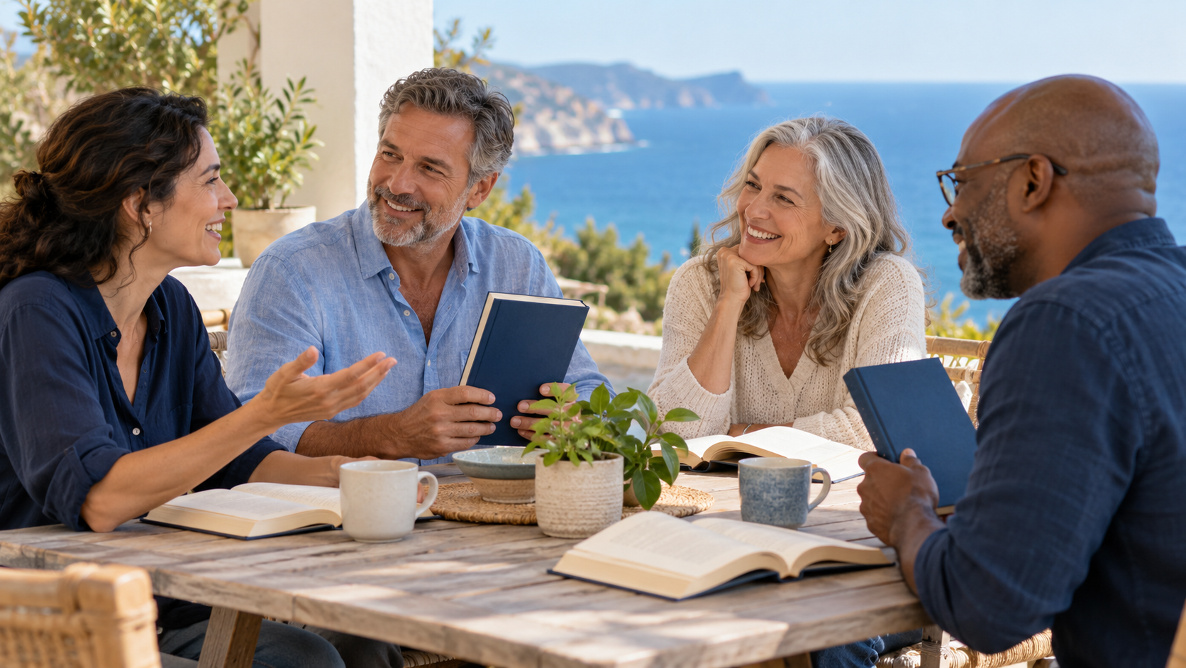 Cuatro personas adultas conversan alrededor de libros abiertos