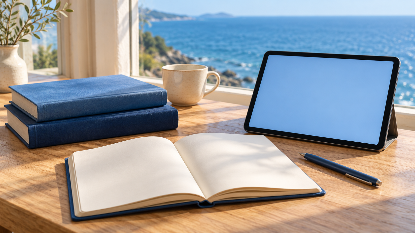 Libros azules, un cuaderno y una tableta junto a una ventana